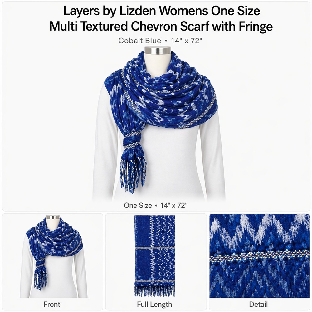 Layers by Lizden Womens Cobalt Blue Multi‎ Textured Chevron Scarf Fringe A230087